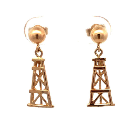 14K Yellow Gold Oil Rig Drilling Field Dangle Stud Earrings