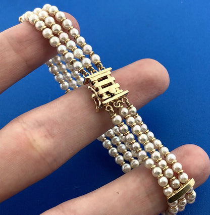 Vintage 14K Yellow Gold Cultured Pearl 3 Strand Bridal June Anniversary Bracelet