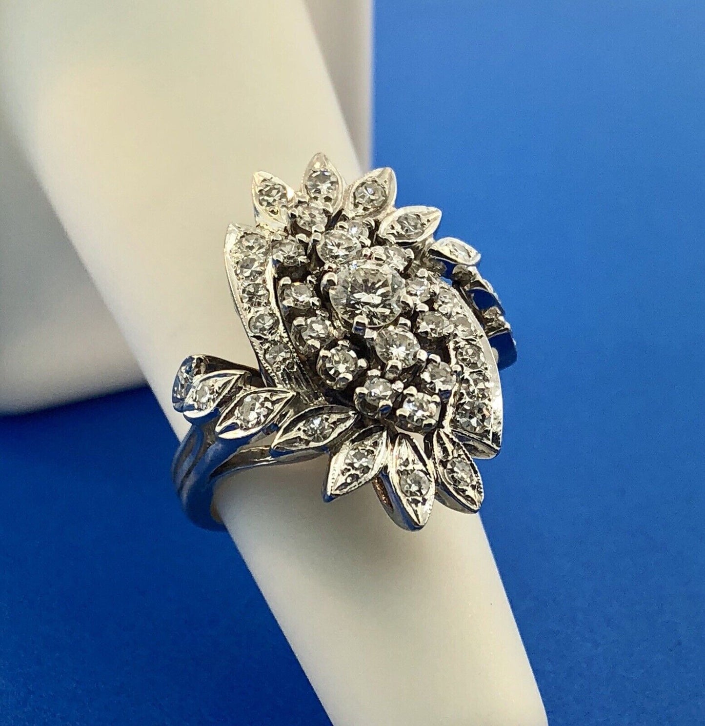 Estate 14K White Gold Diamond Feather Flower Cluster Statement Anniversary Ring