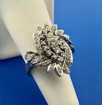 Estate 14K White Gold Diamond Feather Flower Cluster Statement Anniversary Ring