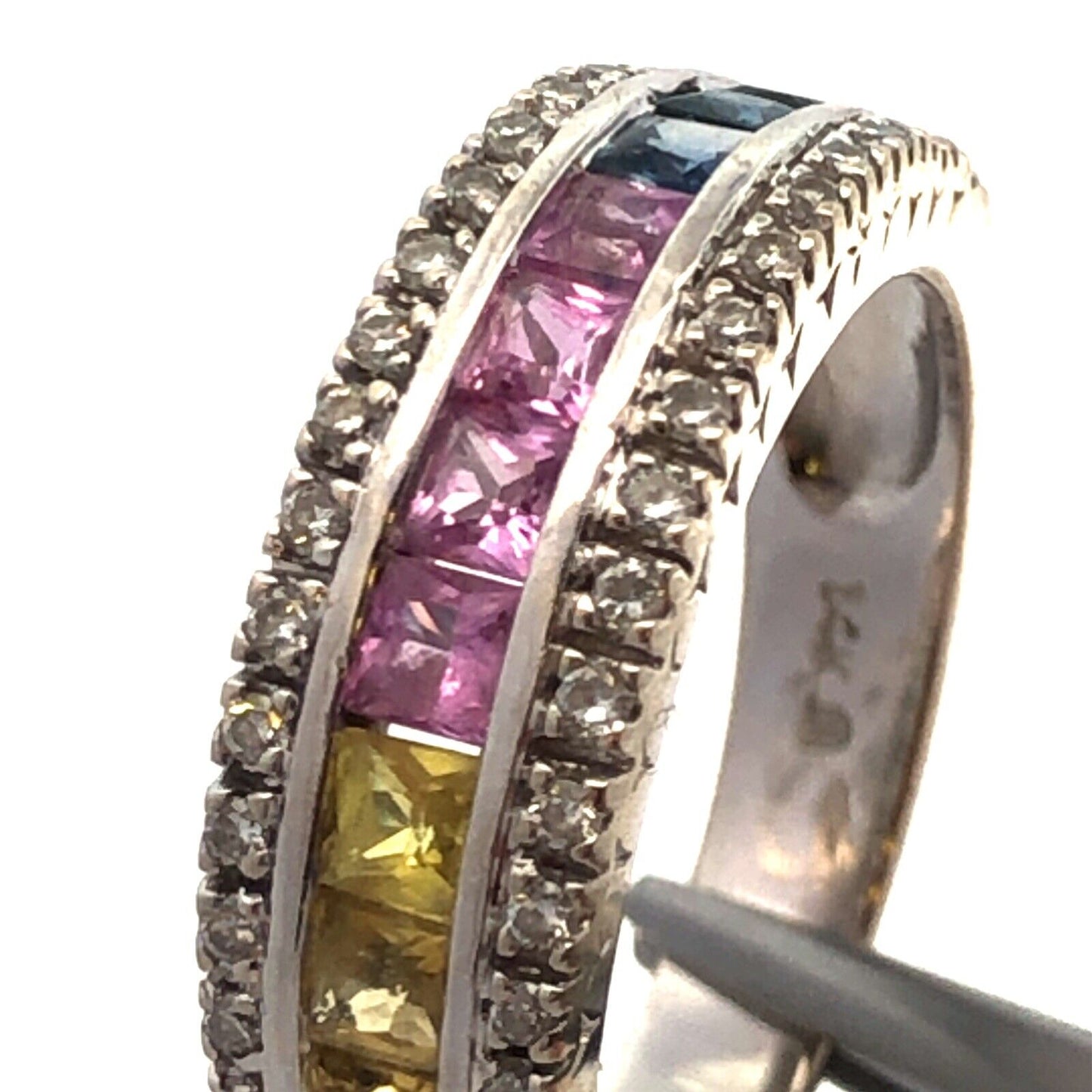 Designer 14K White Gold Multi Gemstone Diamond Mother's Anniversary Band Ring