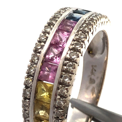 Designer 14K White Gold Multi Gemstone Diamond Mother's Anniversary Band Ring