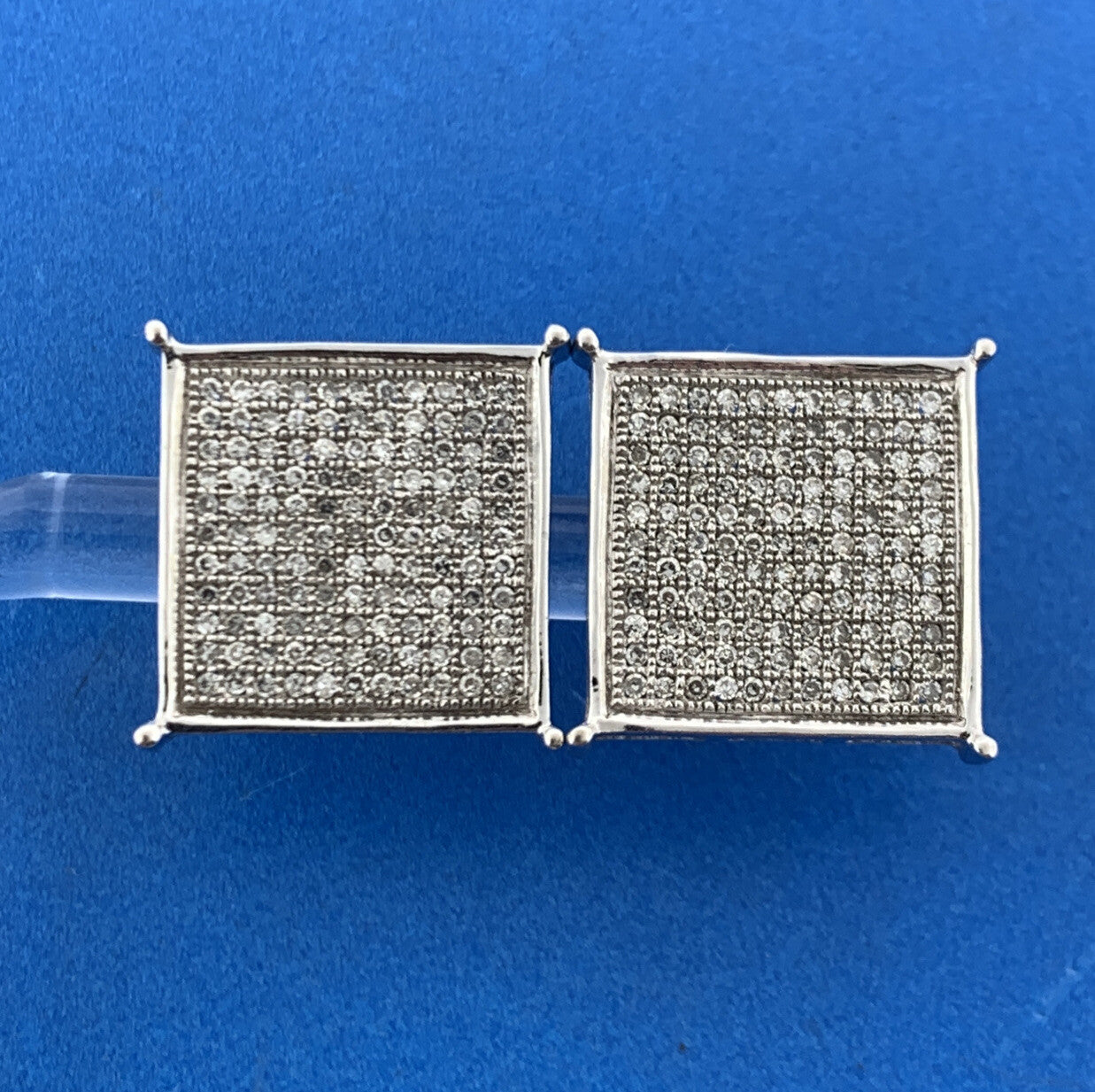 Gorgeous 10k White Gold Round Cut Pave Diamond Square Screw-back Stud Earrings