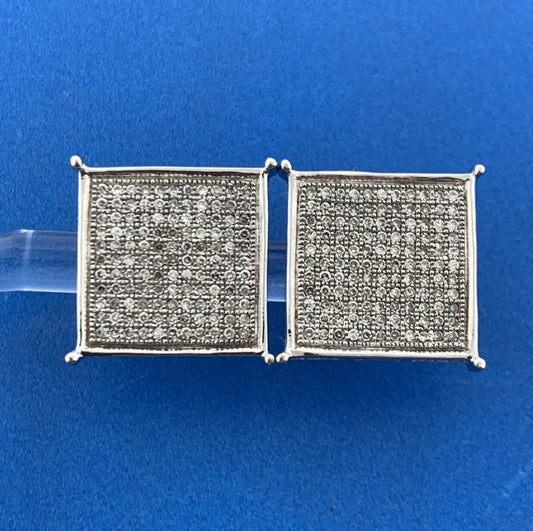 Gorgeous 10k White Gold Round Cut Pave Diamond Square Screw-back Stud Earrings