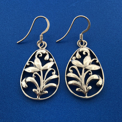 Stunning Sterling Silver 925 Oval Openwork Floral Sprout Dangle Hook Earrings