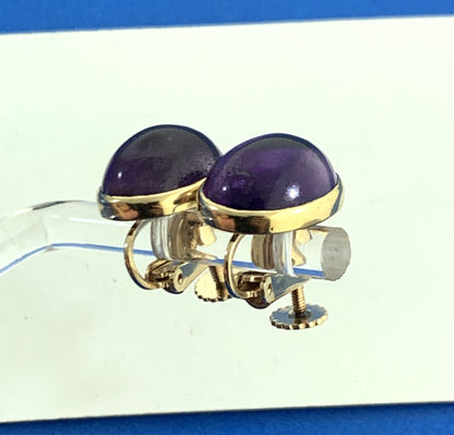 Vintage 14K Yellow Gold Amethyst Cabochon Hinged Statement Screw Back Earrings