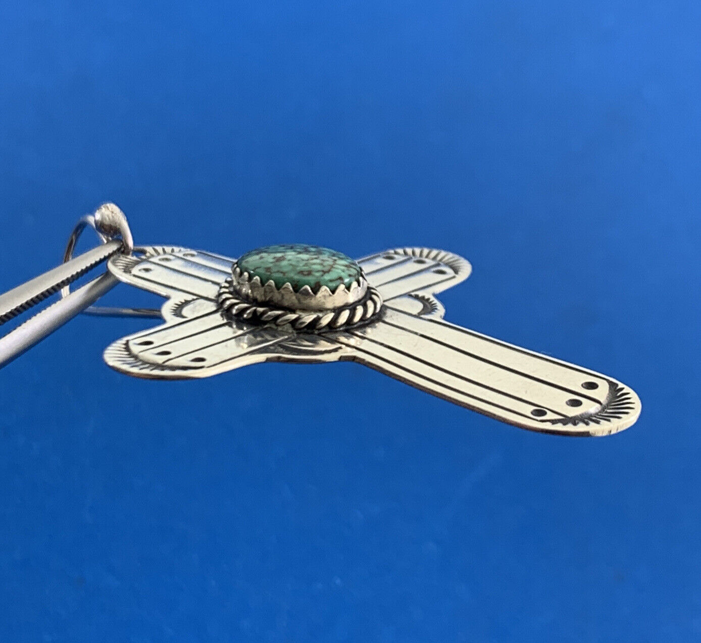 Native American 925 Sterling Silver Concho Green Turquoise Cross Hook Earrings