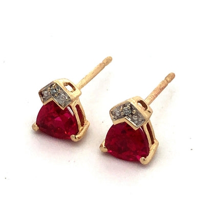 Designer 10K Yellow Gold Trillion Ruby Diamond Accent Stud Earrings