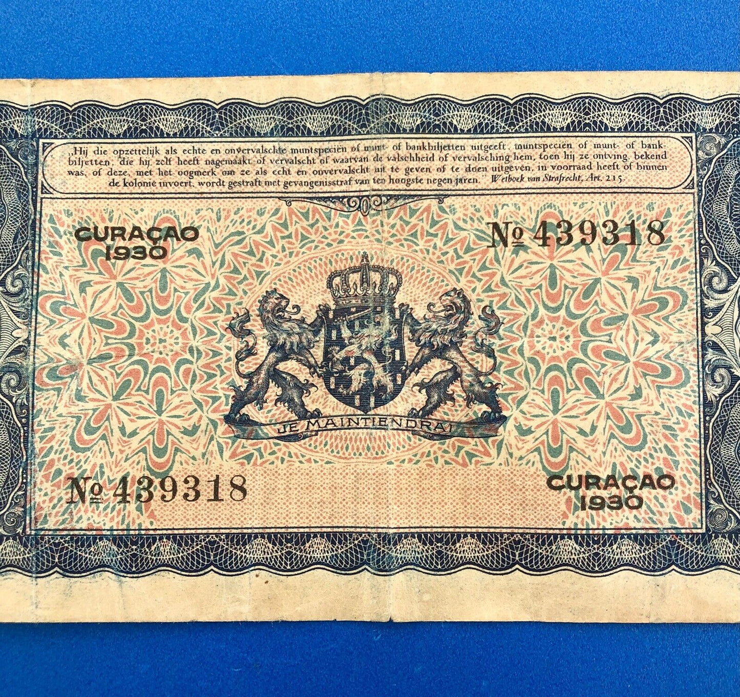 1930 Curacao 5 Gulden De Curacaoshe Bank Dutch Administration Rare Currency Note