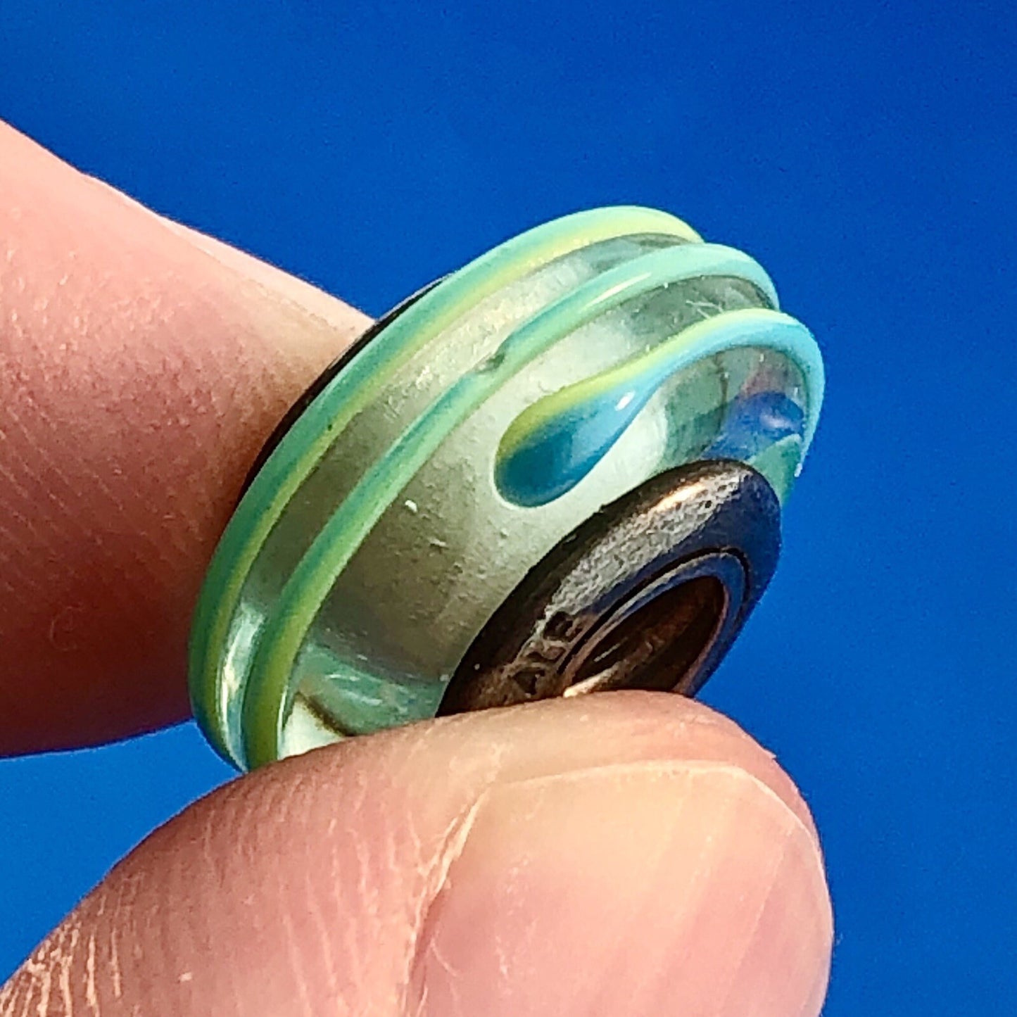 Authentic PANDORA Sterling Silver Lime Banded Striped Murano Glass Bead Charm