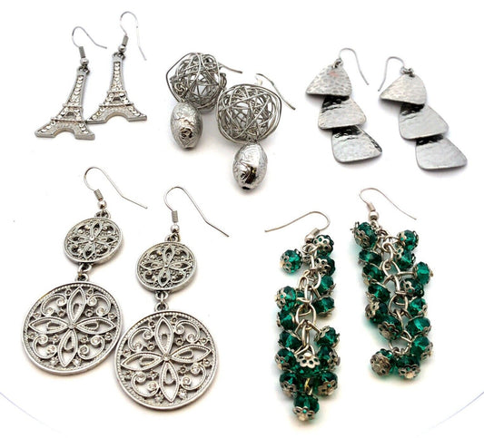 Fabulous Silver Tone Lot Of 5 Pairs Drop Dangle Crystal CZ Statement Earrings