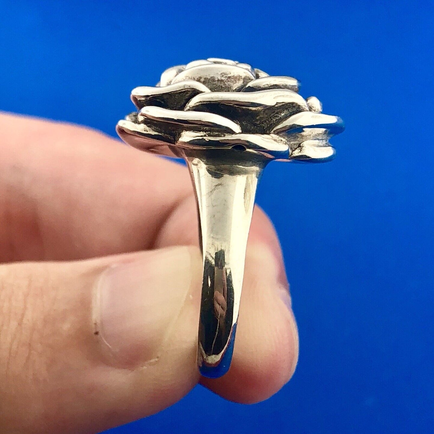 Fun 925 Sterling Silver Textured Rose Camellia Flower Statement Ring