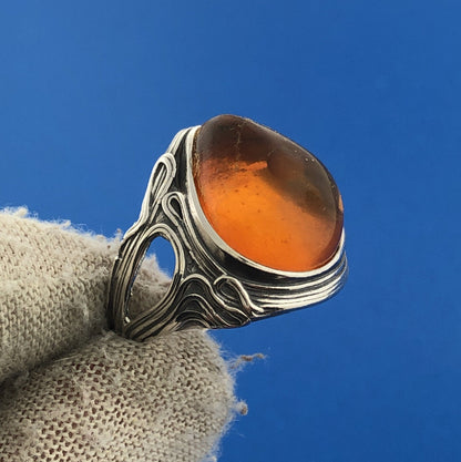 Stunning Sterling Silver 925 Cabochon Teardrop Amber Statement Ring Size 6.25