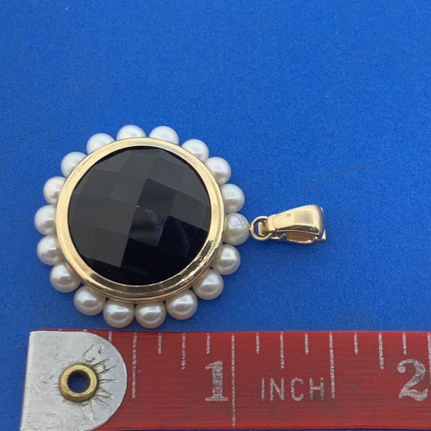 14K Yellow Gold Faceted Black Onyx Pearl Halo Statement Enhancer Pendant