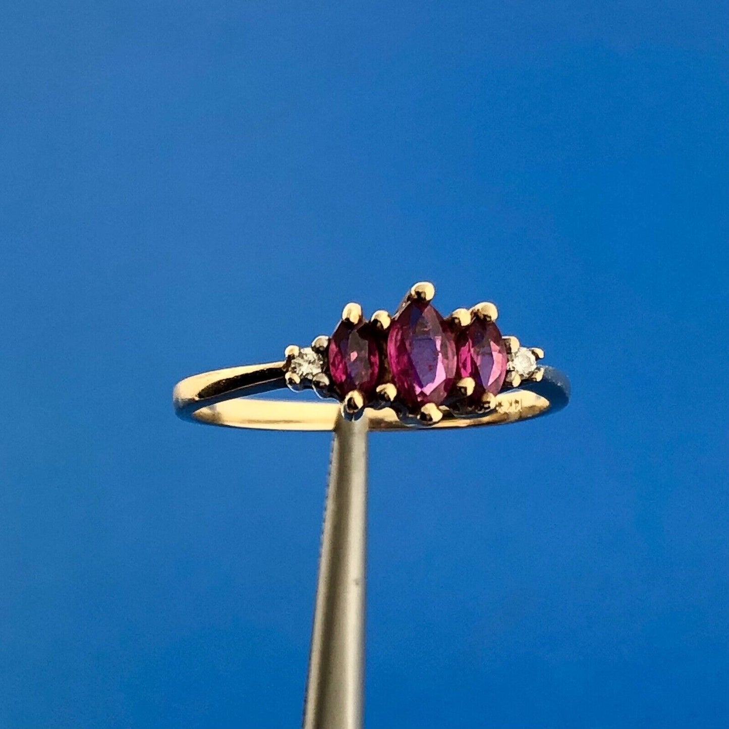 Vintage 14K Yellow Gold Marquise Ruby Trio Diamond Accent July Anniversary Ring