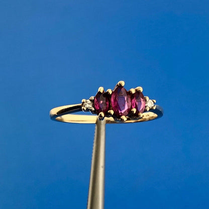Vintage 14K Yellow Gold Marquise Ruby Trio Diamond Accent July Anniversary Ring