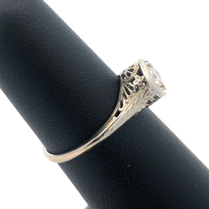 Art Nouveau Art Deco 14K White Gold Diamond Solitaire Filigree Engagement Ring