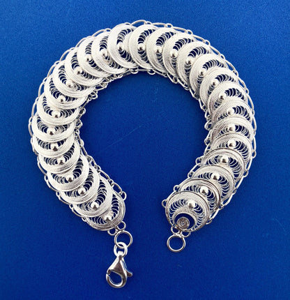 Milor Italy Sterling Silver 925 Filigree Bead Centipede Link Flex Bracelet