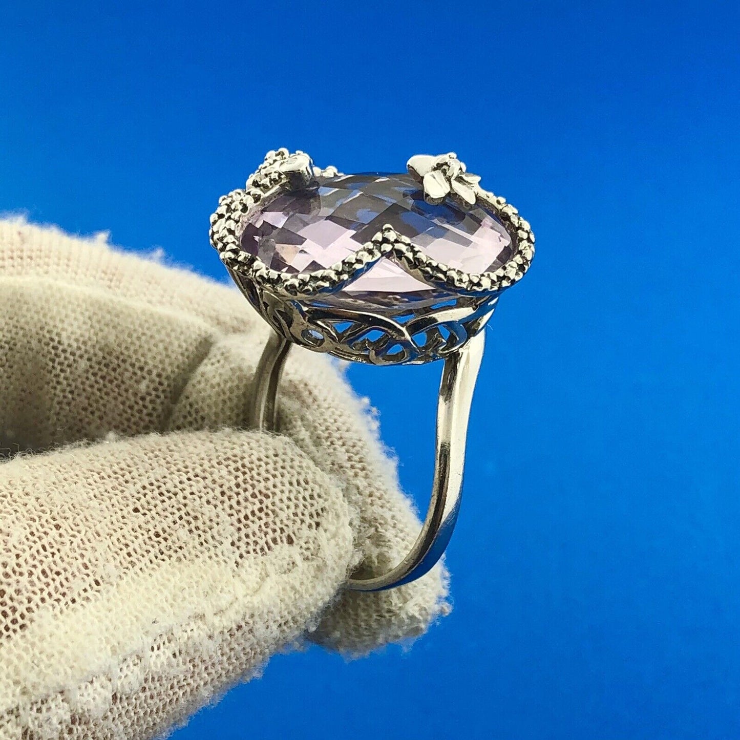 Designer SMJ Sterling Silver 925 Amethyst February Floral Bypass Ring Size 8.25
