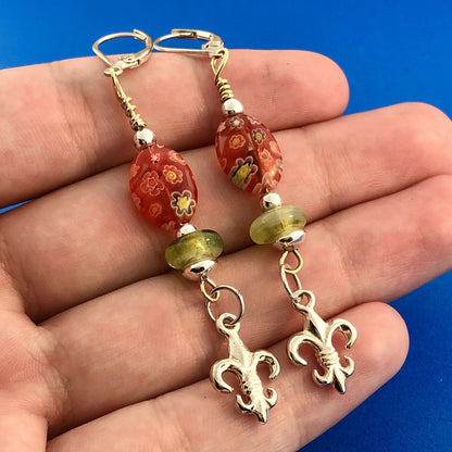 Sterling Silver 925 Millefiore Glass Bead Fleur De Lis Drop Dangle Earrings