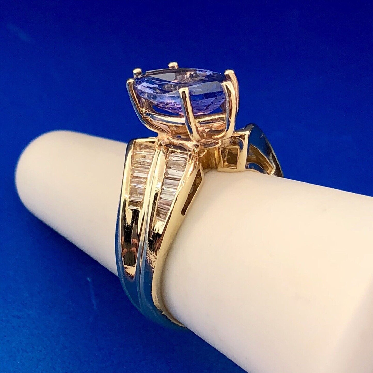 Designer 14K Yellow Gold Tanzanite Marquise Solitaire Diamond Accent Ring