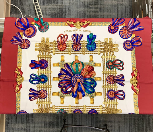 Hermes Carre 90 100% Silk Twill Les Rubans Du Cheval Maroon Neckerchief Scarf