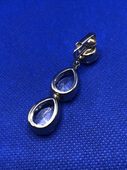 1970's Runway Couture Silver Tone Faceted Crystal Drop Dangle Clip Earrings