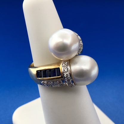 Estate 18K Yellow Gold Diamond Sapphire Pearl Bypass Cocktail Dinner Ring