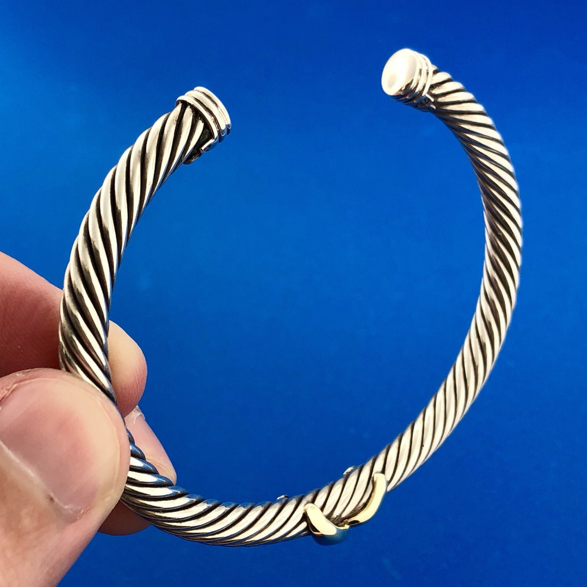 David Yurman 925 Sterling Silver 14K Gold Station Single X Cable Cuff Bracelet