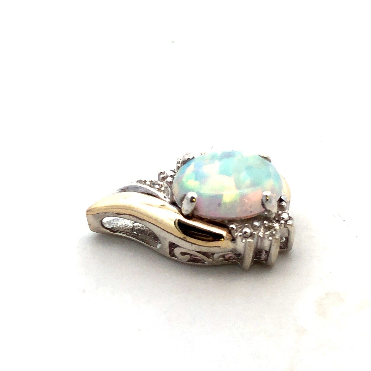 Designer 925 Sterling Silver 10K Gold Opal Diamond Petite Pendant