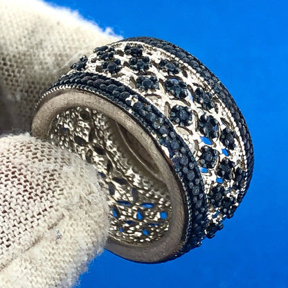 Designer 925 Sterling Silver Black Diamond Illusion Cutout Cigar Band Ring