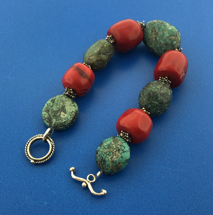 Sterling Silver 925 Chunky Coral Turquoise Bead Toggle Bracelet