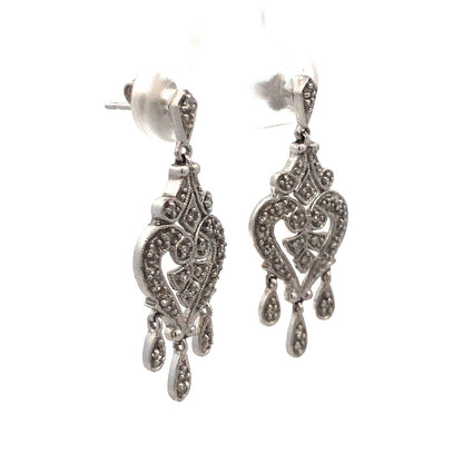 Estate 14K White Gold Diamond Filigree Drop Dangle Chandelier Heart Earrings