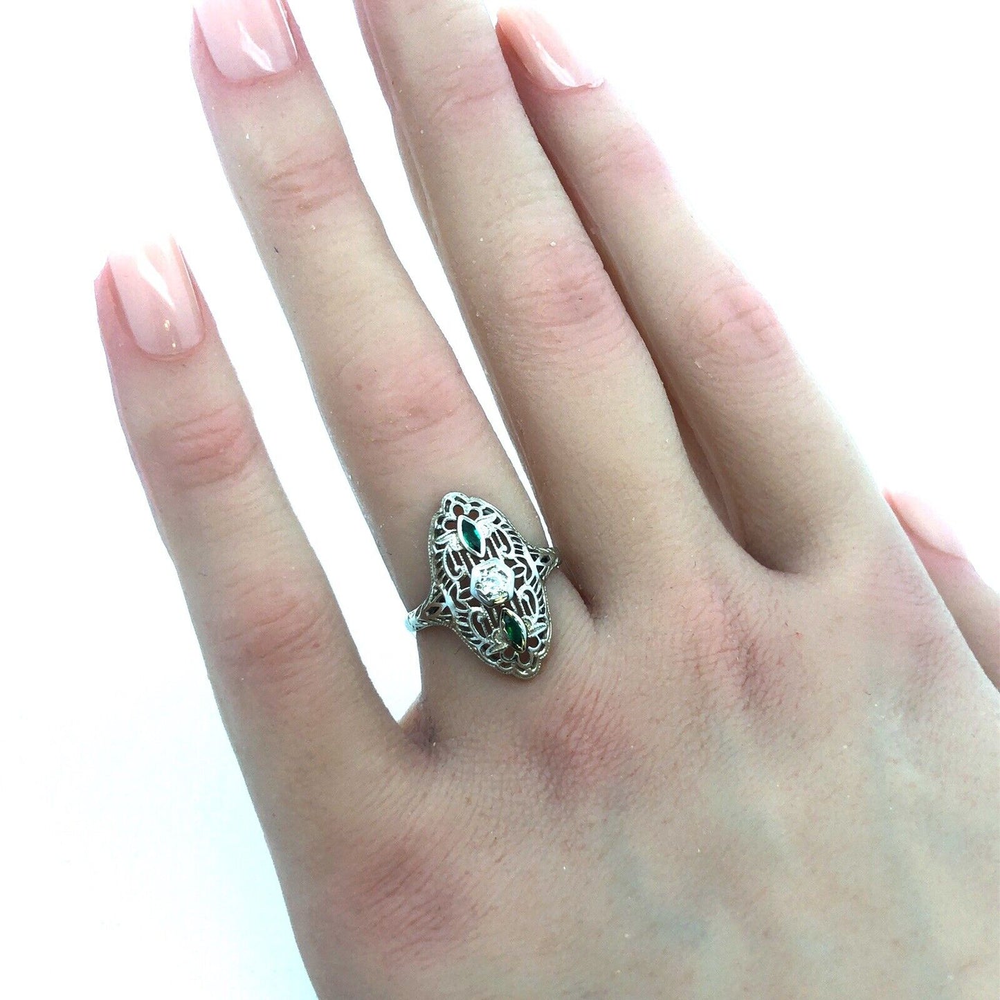 Designer Art Deco 14K White Gold Diamond Emerald Accent Filigree Cocktail Ring