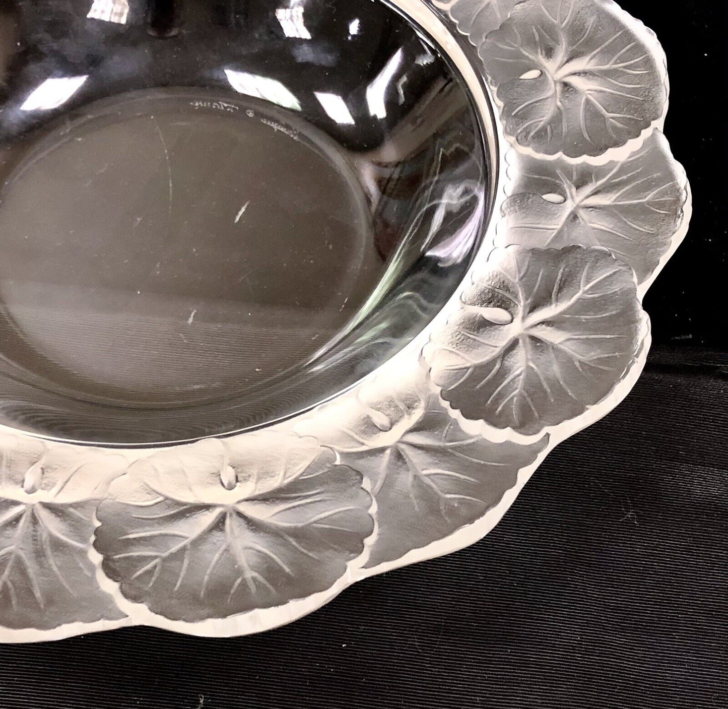 Mid Century France Lalique Honfleurs Geranium Clear Frosted Crystal Leaf Bowl