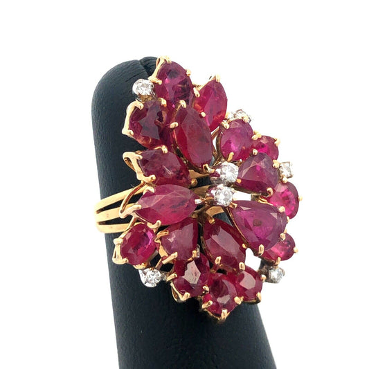 Exquisite Vintage 14K Yellow Gold Ruby Diamond Cluster Statement Cocktail Ring