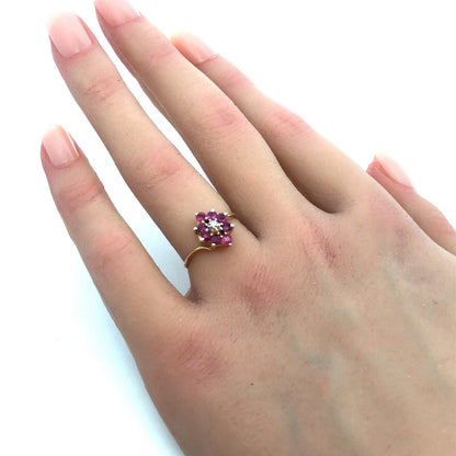 Designer 10K Yellow Gold Round Ruby Diamond Oval Cocktail Ring
