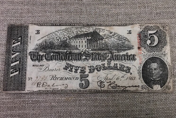 1863 $5 Confederate States of America April 6 Richmond Civil War Era Note T-60