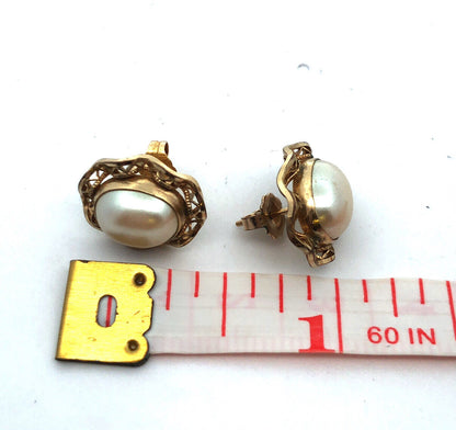 Estate 14K Yellow Gold Filled Oval Pearl Filigree Halo Birds Nest Stud Earrings