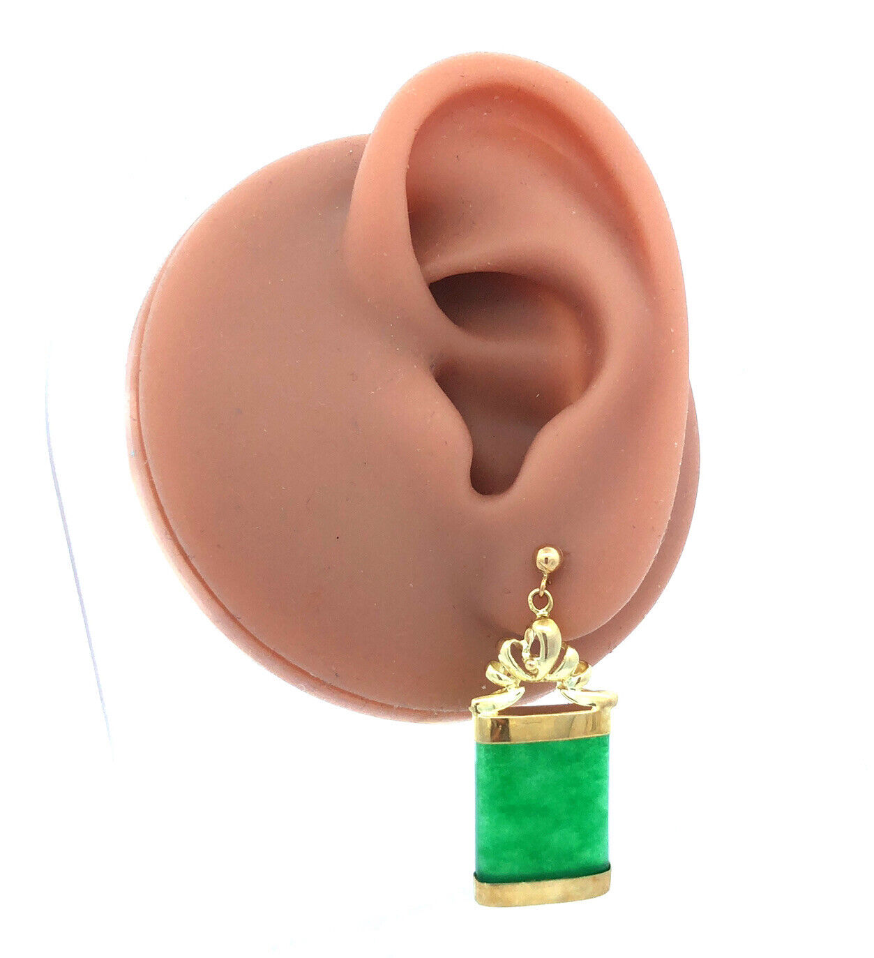 Estate 14K Yellow Gold Green Jade Rectangle Drop Dangle Stud Earrings