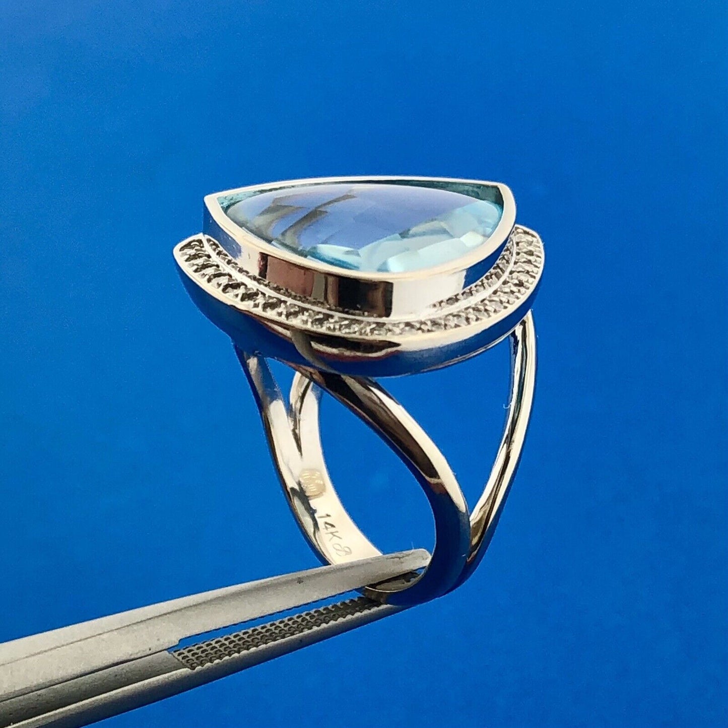 Modernist 14K White Gold Trilliant Blue Topaz Diamond Accented Statement Ring