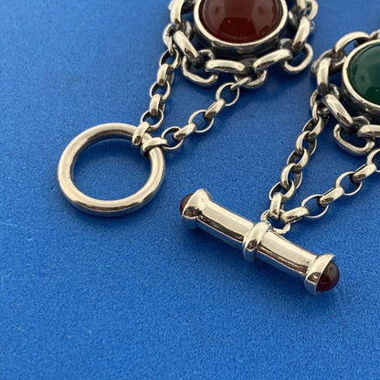 Vintage Italy Sterling Silver Red Carnelian Green Onyx Floral Toggle Bracelet
