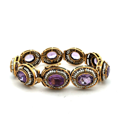Vintage 14K Yellow Gold Oval Amethyst Seed Pearl Filigree Panel Bracelet