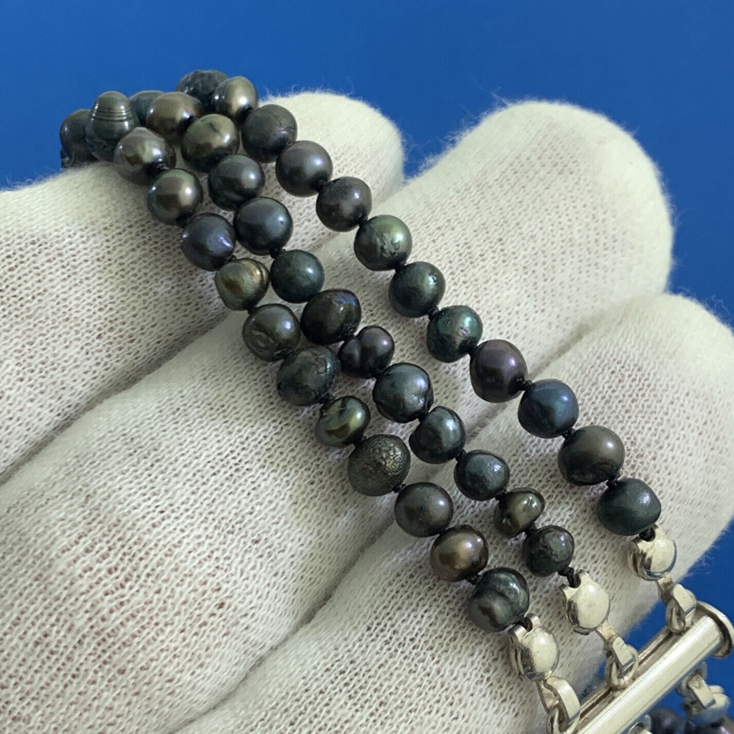 Designer USA Black Pearl Beaded Knotted 3-Strand 950 Silver Bracelet