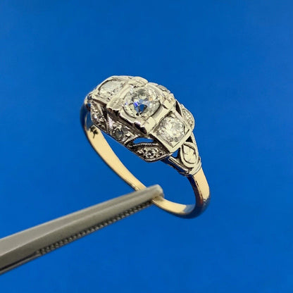 Vintage 14K Yellow White Gold Miner's Cut Diamond Trio w/Accents Cocktail Ring