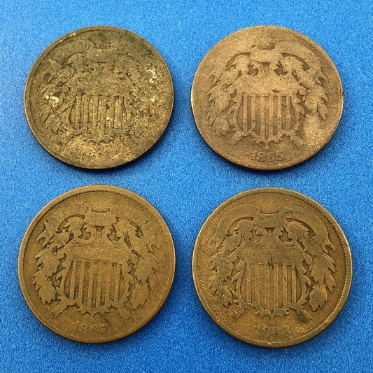 1864 P Bronze Two-Cent Piece Four Coin Mixed Date Union Shield Philadelphia Lot