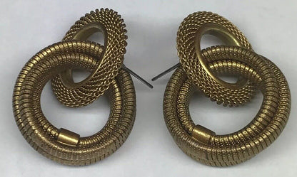 Vintage Gold Tone Mesh Ribbed Double Hoop Pierced Earrings