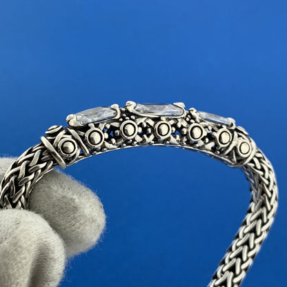 925 Sterling Silver Cubic Zirconia CZ Balinese Style Statement Bracelet