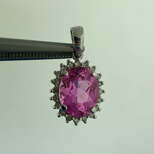 Designer 14K White Gold Oval Pink Sapphire Diamond Halo Custom Dangle Pendant