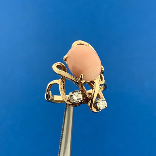 Modernist 14K Yellow Gold Pink Coral Diamond Accented Free Form Artisan Ring